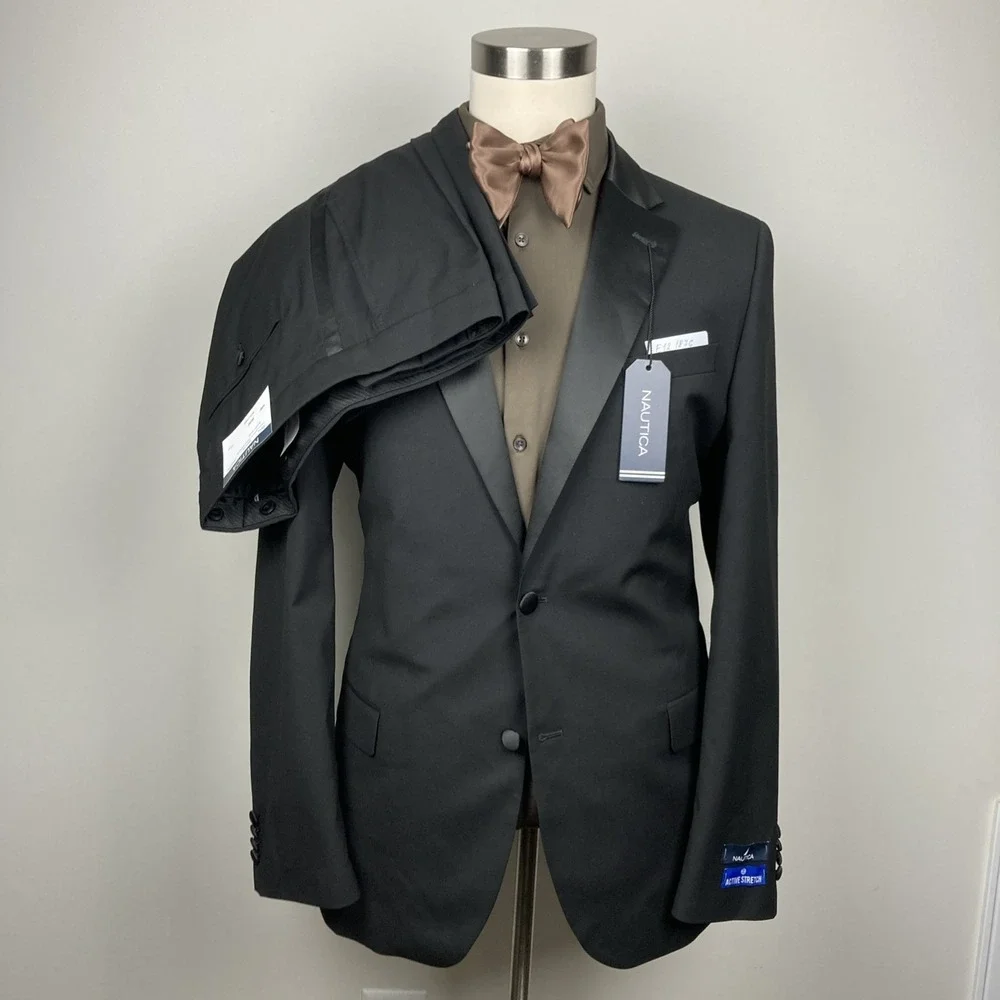 Nautica Mens 2-pc Suit Modern fit Tuxedo Jacket 36R Pants 30W 30L Black